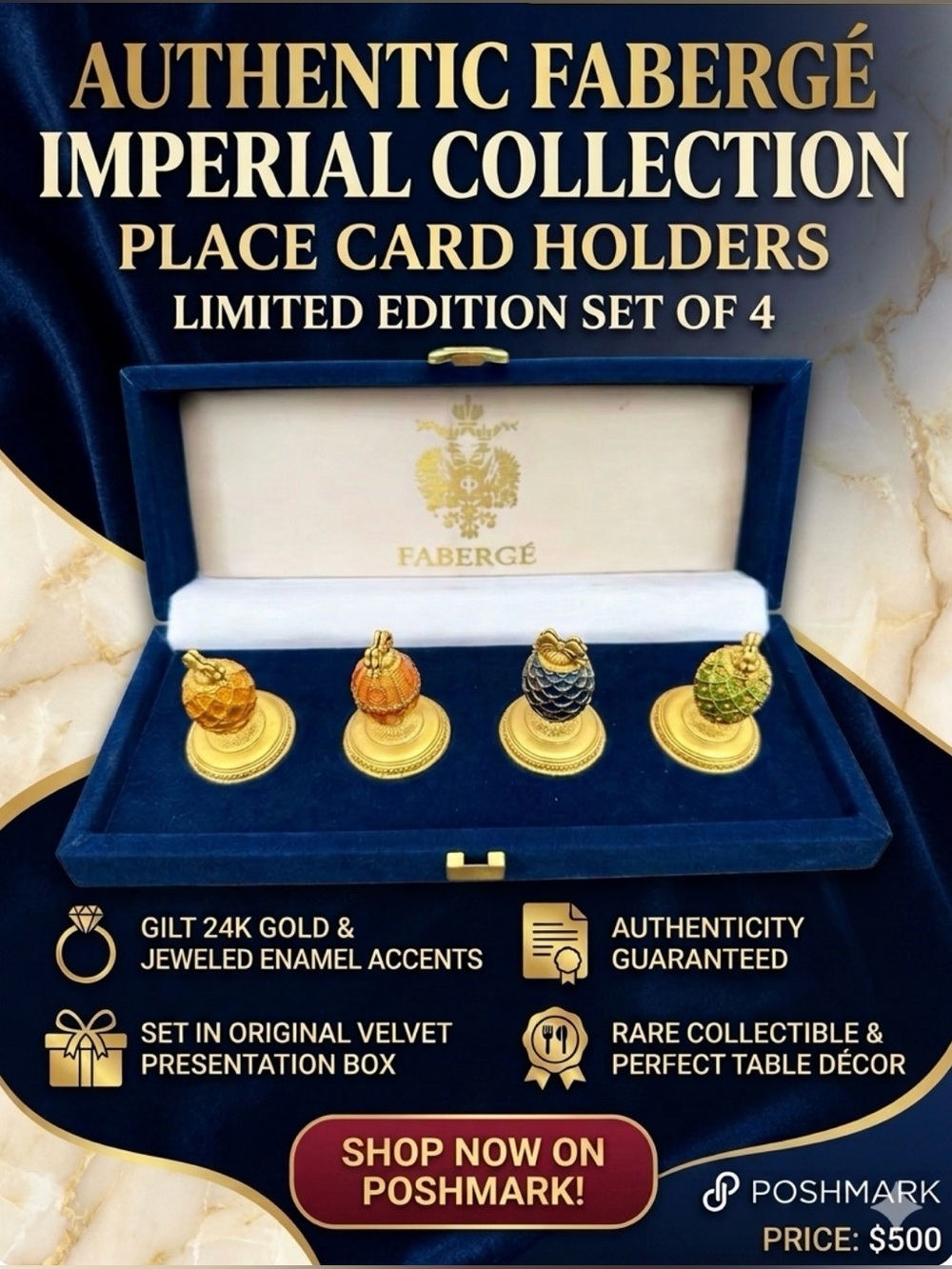 Fabrege 2” tall set of 4 Egg Collection in Velvet Box - Stamped Authentic